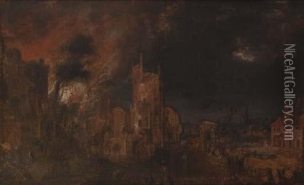 L'incendie D'une Ville Pres D'une Tour Moyenageuse Oil Painting - Daniel van Heil