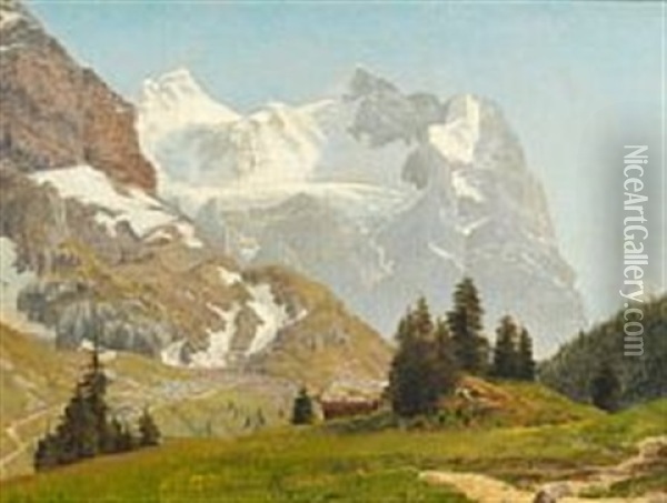 Montain Landscape With Snowy Peaks Oil Painting - Janus la Cour