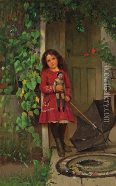 Girl With Doll Oil Painting - John George Brown