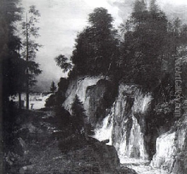 Extensive Rocky Landscape With A Waterfall Oil Painting - Roelant Roghman