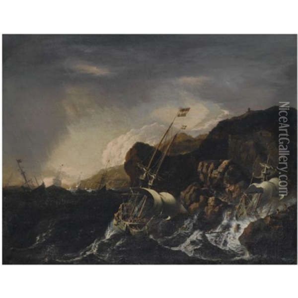 Shipping In A Heavy Storm Along A Rocky Coast, A Shipwreck In The Foreground, Figures Coming To The Rescue On The Shore Oil Painting - Matthieu Van Plattenberg