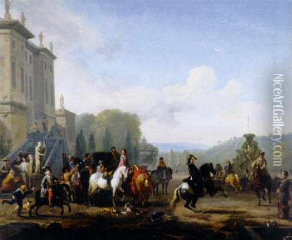 A Hunting Party By A Fountain Outside A Mansion Oil Painting - Jan van Huchtenburg