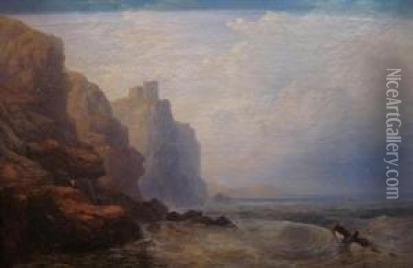 Fishing Below Tantallon Castle Oil Painting - George Blackie Sticks