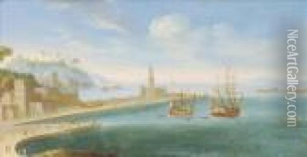 Mediterranean Harbour Scene With Vessels Atanchor Oil Painting - Orazio Grevenbroeck