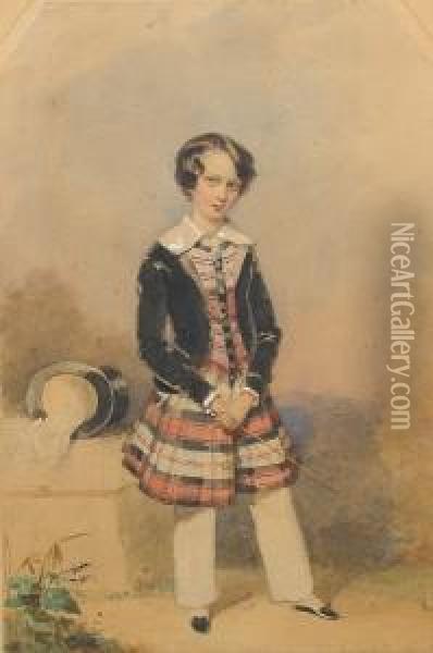 A Young Boy, Wearing Black 
Velvet Coat Overtartan Tunic With Buttoned Front And White Collar, White
 Drawersand Black Slippers, Holding A Riding Crop In His Right 
Hand,standing In An Outdoor Setting, A Black Top Hat And 
Whitehandkerchief Resting On Oil Painting - Francois Theodore Rochard