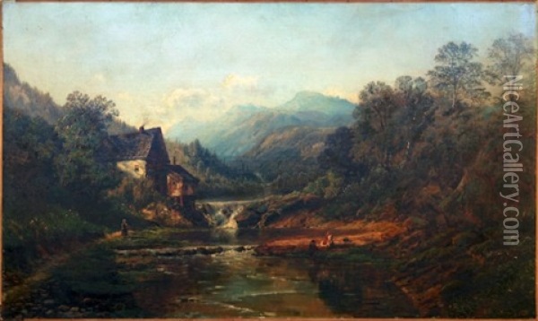 River Landscape With Figures Oil Painting - Edmund Darch Lewis