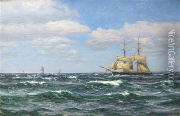 Sejlskib Pa Abent Hav, I Baggrunden Tre Skibe Oil Painting - Vilhelm Karl Ferdinand Arnesen