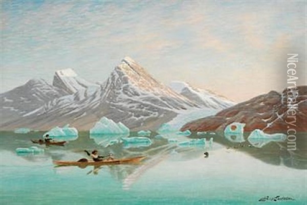 View Of A Greenlandic Fiord With Trappers In Their Kayaks Hunting Seals Oil Painting - Andreas Christian Riis Carstensen