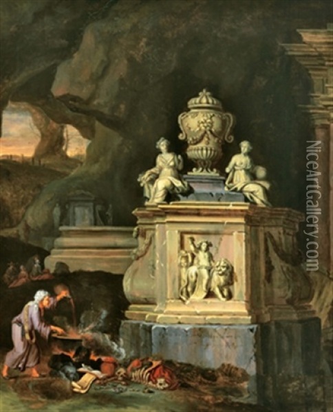 Hexe In Einer Felsgrotte Bei Einem Beschworungsritual Vor Einem Steinernen Monument Oil Painting - Charles Cornelisz de Hooch