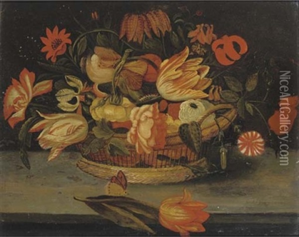 Roses, Tulips, Fritillaries And Other Flowers In A Basket On A Ledge Oil Painting - Balthasar Van Der Ast