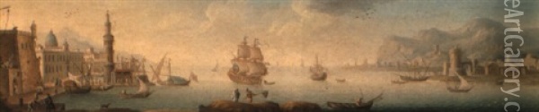 Mediterranean Harbour Views Oil Painting - Orazio Grevenbroeck