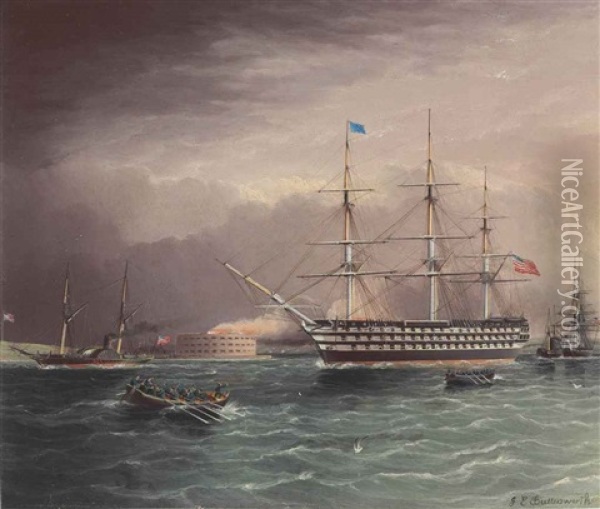 The U.s.s. Pennsylvania Under Tow At The Outbreak Of The American Civil War With Fort Monroe In The Background Oil Painting - James Edward Buttersworth