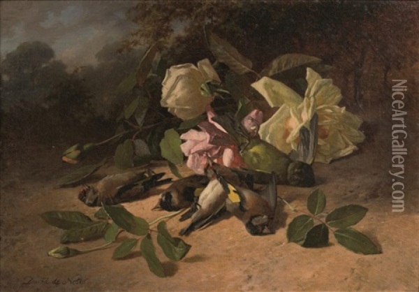 Nature Morte Aux Oiseaux (mesanges) Et Fleurs Oil Painting - David de Noter