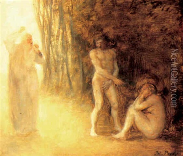 Adam Og Eva Fordrives Fra Paradisets Have Oil Painting - Julius Paulsen