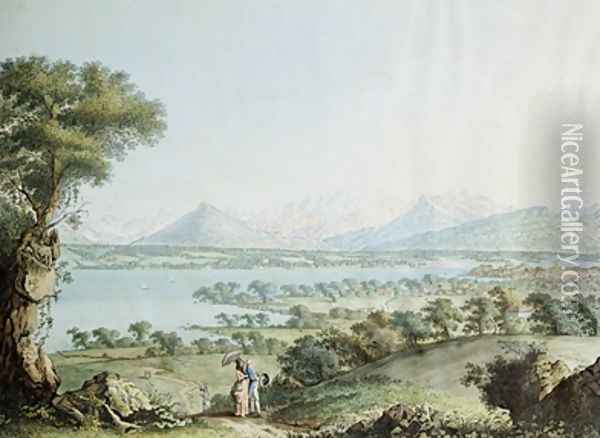 View of Mont Blanc with Geneva in the foreground Oil Painting - Linck, Jean Philippe II