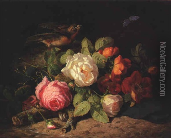 Rosenstuck Mit Vogel Und Blauling Oil Painting - Josef Lauer