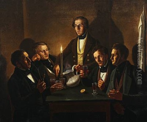 Five Men Having A Drink Oil Painting - Hans Wonrath Holm