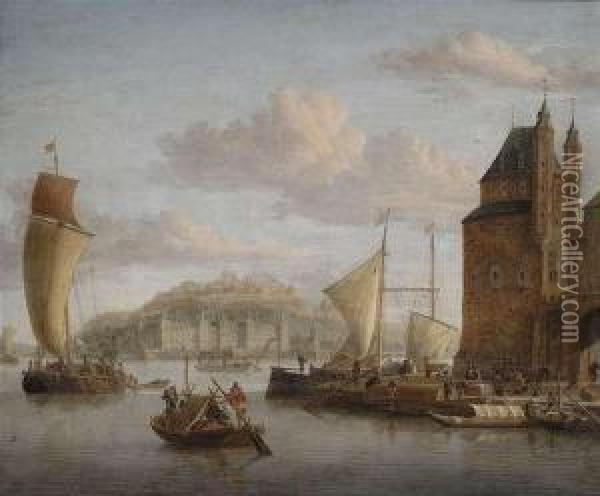 Northern Harbour At A Castle With Barges And Merchantmen. Oil Painting - Jacobus Storck