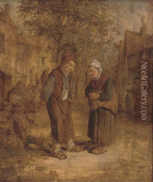 Two Peasants Conversing In A Village Street Oil Painting - Adriaen Jansz. Van Ostade