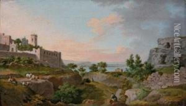 An Italianate Landscape With A Monastery, Herders In The Foreground Oil Painting - James Wales