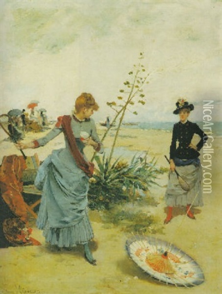 Playing Badminton Oil Painting - Francisco Miralles y Galup