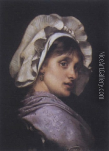Portrait De Femme A La Coiffe Blanche Oil Painting - Tony Robert-Fleury