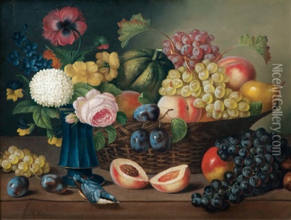 Stilleben Mit Blumen, Fruchten Und Einem Kleiber Oil Painting - Georg Seitz