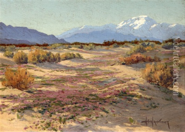 Desert Landscape With Snow-capped Mt. San Jacinto Peak In The Distance Oil Painting - Harry B. Wagoner