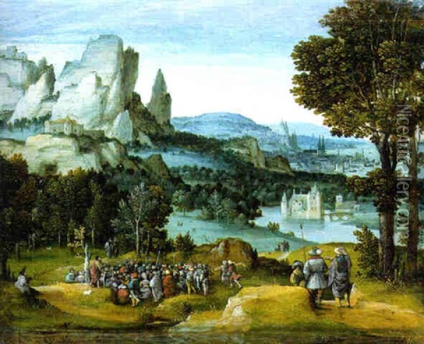 An Extensive Mountainous River Landscape With St. John The Baptist Preaching In The Foreground Oil Painting -  Master of the Female Half Lengths