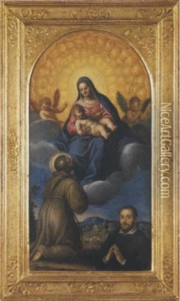 Madonna Con Bambino In Gloria, Tra Angeli, Con San Francesco E Un Donatore In Primo Piano Oil Painting - Francesco Frigimelica the Elder