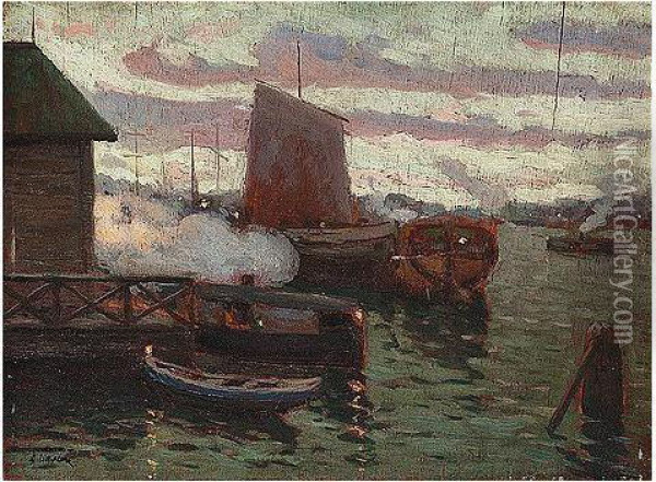 Dusk Over The Harbour Oil Painting - Alexander Fedorovich Bely