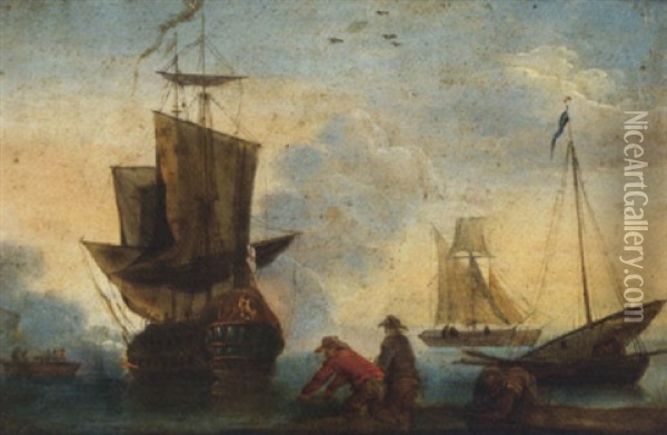 An English Man-o'war And Other Shipping Oil Painting - Mathys Schoevaerdts