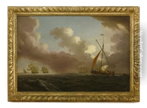 A Dutch Fisherman Reefing Her Sails, A French Frigate And An English Squadron Of The Red Beyond Oil Painting - Peter Monamy