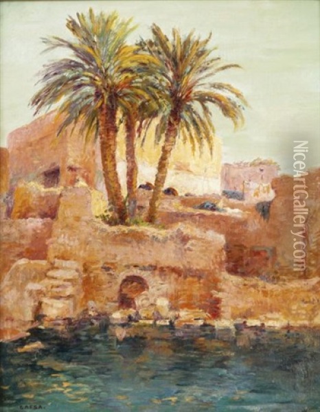 Vue De L'oasis A Gafsa, Sud Tunisie Oil Painting - Eugene Jules Delahogue