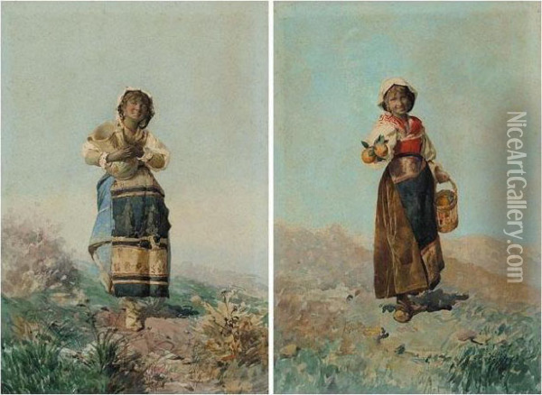 Ninas Napolitanas (neapolitan Girls), A Pair Oil Painting - Francisco Pradilla y Ortiz
