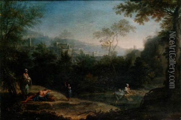 An Italianate Landscape With Figures Resting By A Pool Oil Painting - Giovanni Battista Busiri