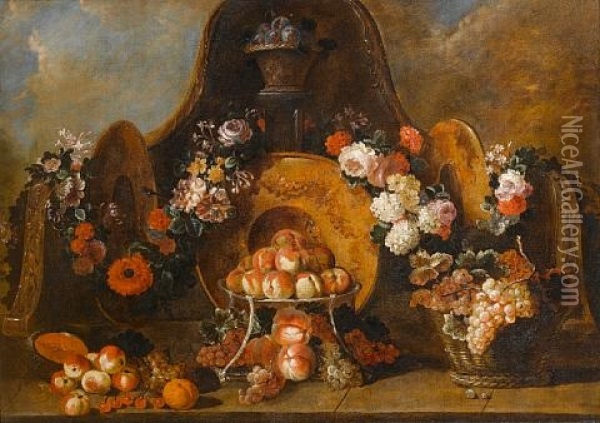 A Basket Of Plums With A Silver Gilt Tazza Of Peaches And Garlands Of Flowers Oil Painting - Pierre Nicolas Huilliot