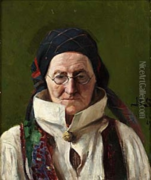 Portratt Av Aldre Kvinna Iford Folkdrakt Oil Painting - Hugo Salmson