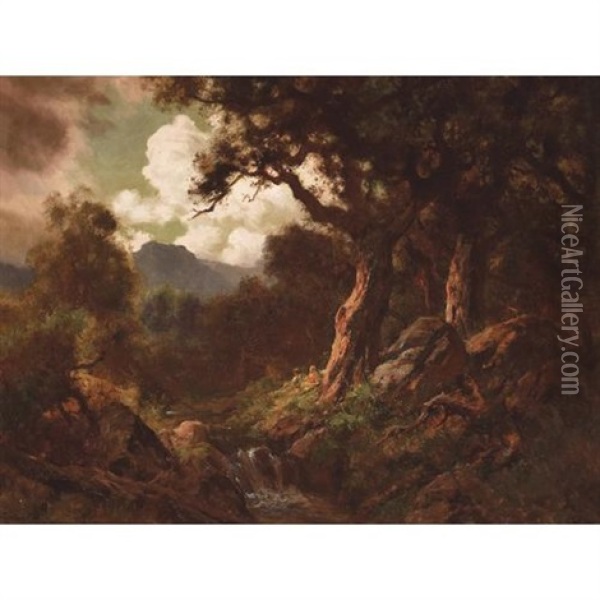 Figures Under A Sheltering Tree By A Waterfall Oil Painting - Gordon Coutts