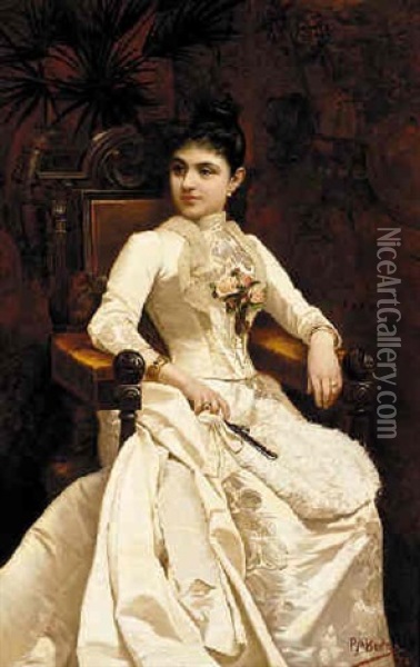 Portrait Of A Young Lady, Seated In A Chair In A White Silk Dress With A Rose Corsage Oil Painting - Pablo Maria Bertran Y Tintore