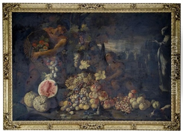 Still Life Of Fruit With Figures And Statues In A Landscape Setting Oil Painting - Giovanni Battista Ruoppolo