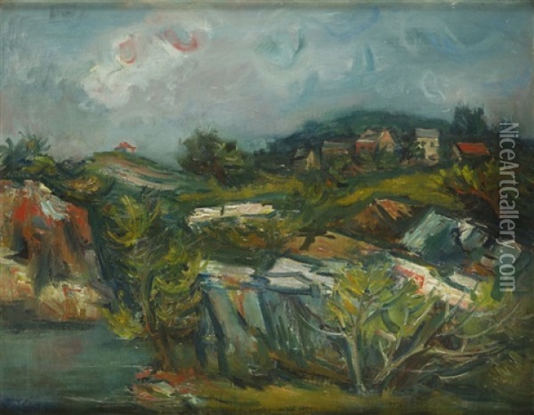 Landscape With Houses, 20s-30s Oil Painting - Henri Epstein