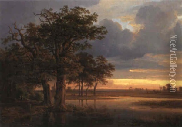 Landschaft Mit Alten Eichen Bei Sonnenuntergang Oil Painting - Christian Ernst Bernhard Morgenstern