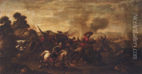 A Battle Scene With Turks And Christians Before A Bridge Oil Painting - Jacques Courtois