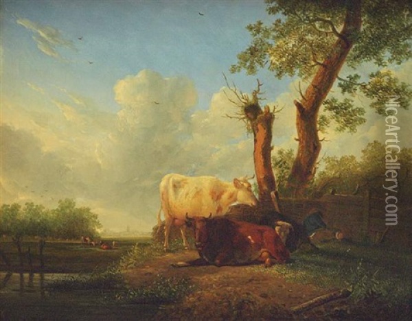 Schlafender Viehhirte Mit Seinen Kuhen In Sommerlicher Landschaft Oil Painting - Jan Kobell the Younger