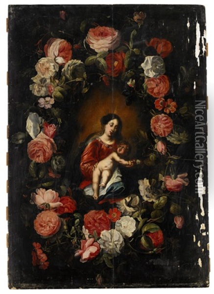 The Virgin And The Child In A Garland Of Flowers Oil Painting - Cornelis Schut the Elder