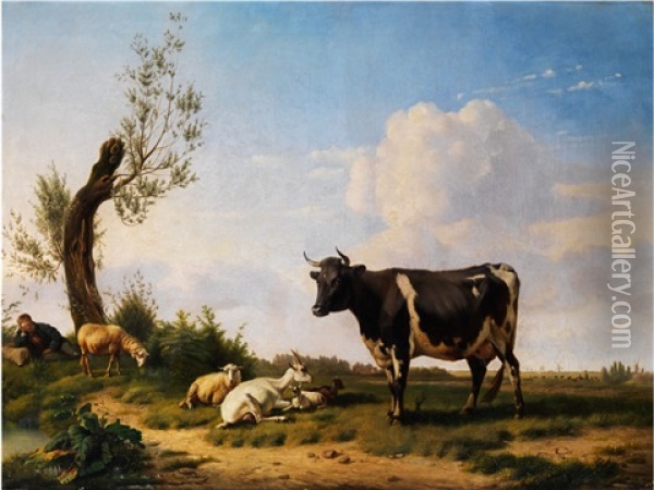 Landschaft Mit Kuh, Ziegen, Schafen Und Schlafendem Schafer Oil Painting - Pierre-Emanuel Dielman the Younger