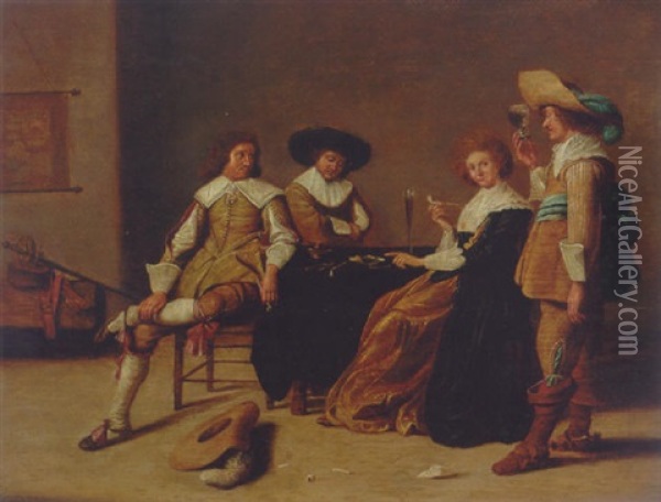 Elegant Company Smoking And Drinking In An Interior Oil Painting - Pieter Jacobs Codde