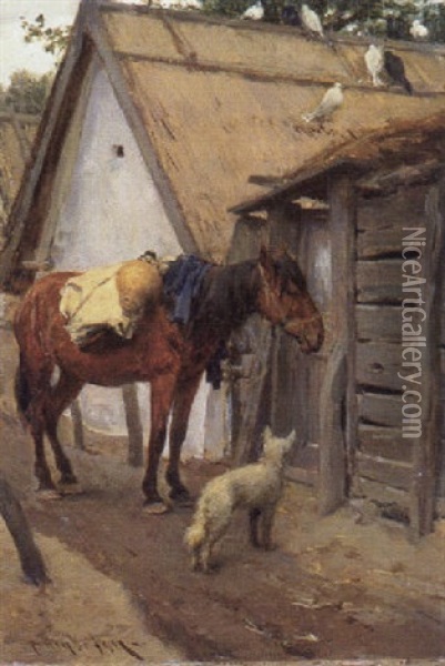 Pferd Und Hund In Der Dorfstrase Oil Painting - August Xaver Carl von Pettenkofen