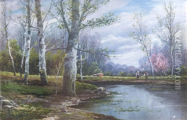 Reisigsammler In Aulandschaft Mit Birken Oil Painting - Adolf Kaufmann